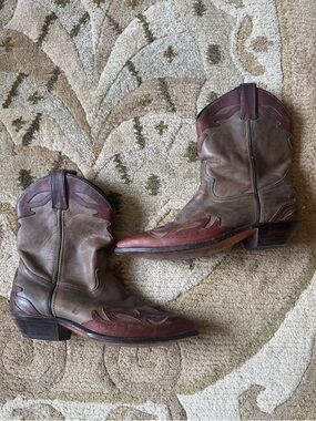 Olive Green & Brown Leather Cowboy Western Ankle Boots